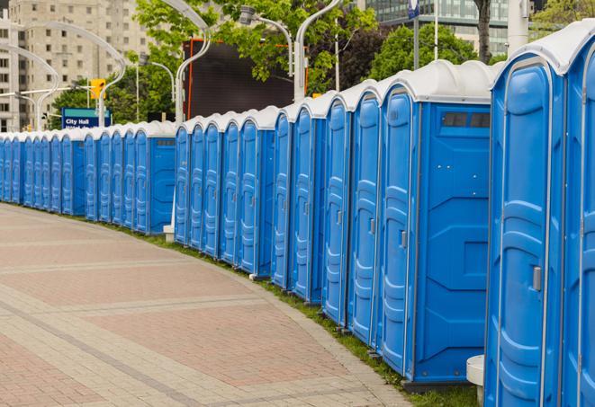 a row of portable restrooms at a trade show, catering to visitors with a professional and comfortable experience in Hidden Valley Lake